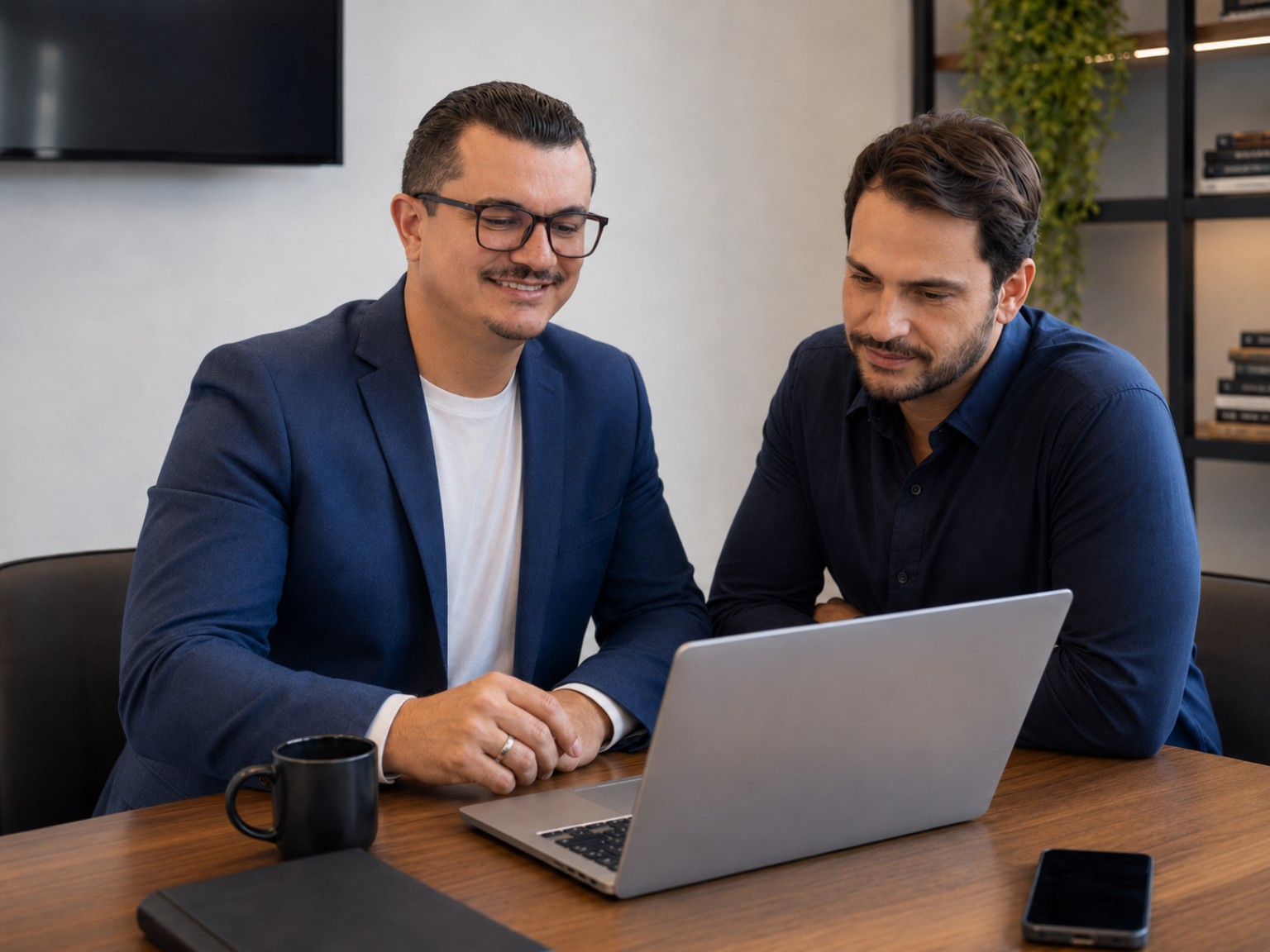 Breno analisando informações com um empresário